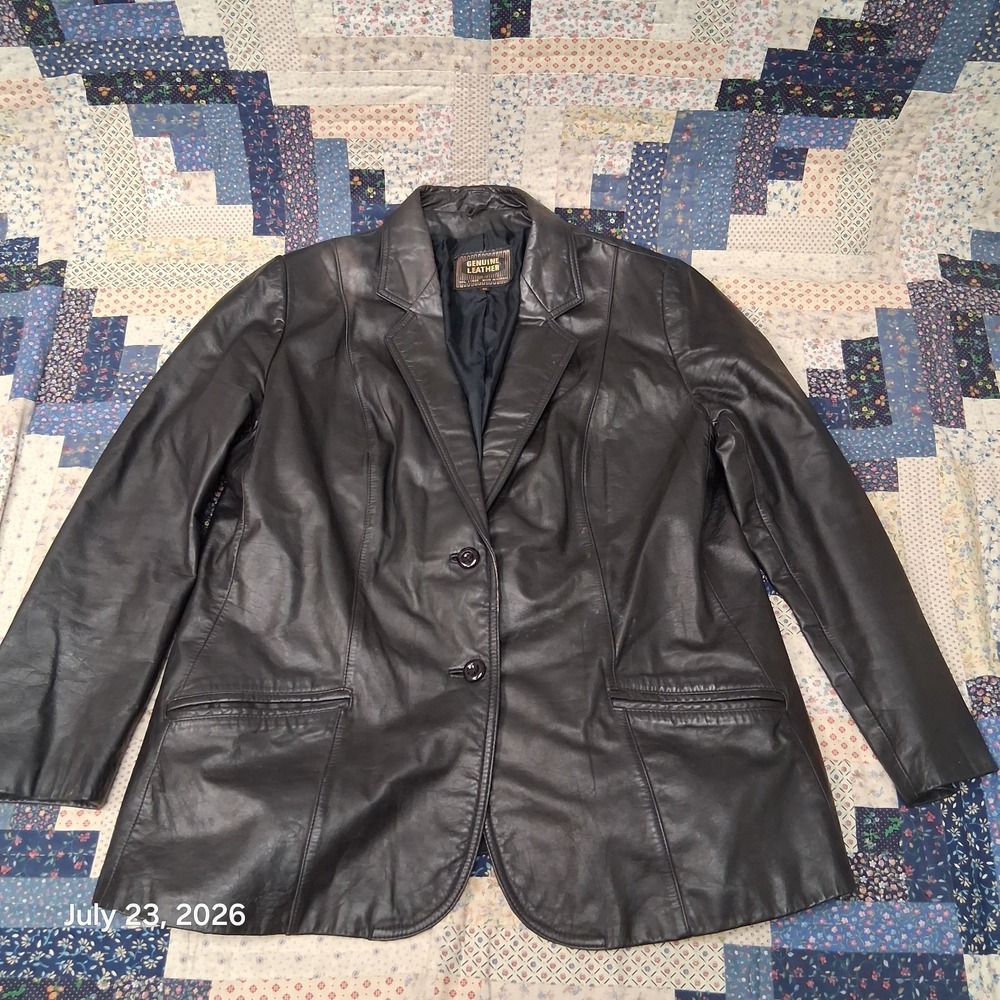 Vintage JCPenney Genuine Leather Blazer Womens Size 40 Black Two Button Jacket